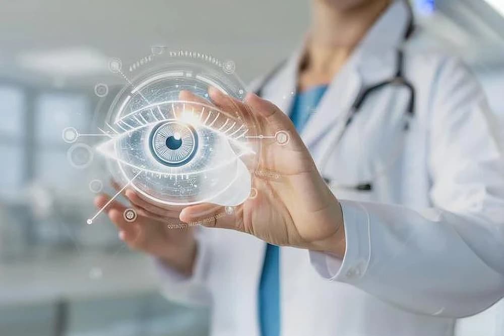 Doctor presenting advanced digital technology for innovative eye care and medical treatment solutions