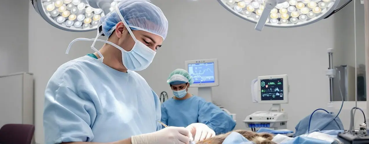 Surgeon performing an operation in a modern hospital operating theatre with medical equipment